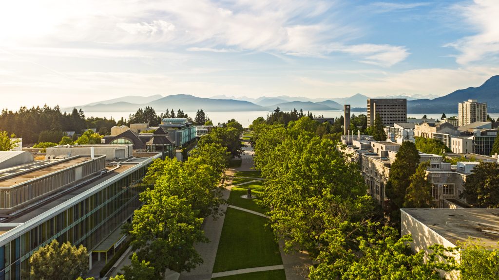 Aerial view of the UBC Vancouver campus looking North along Main Mall.